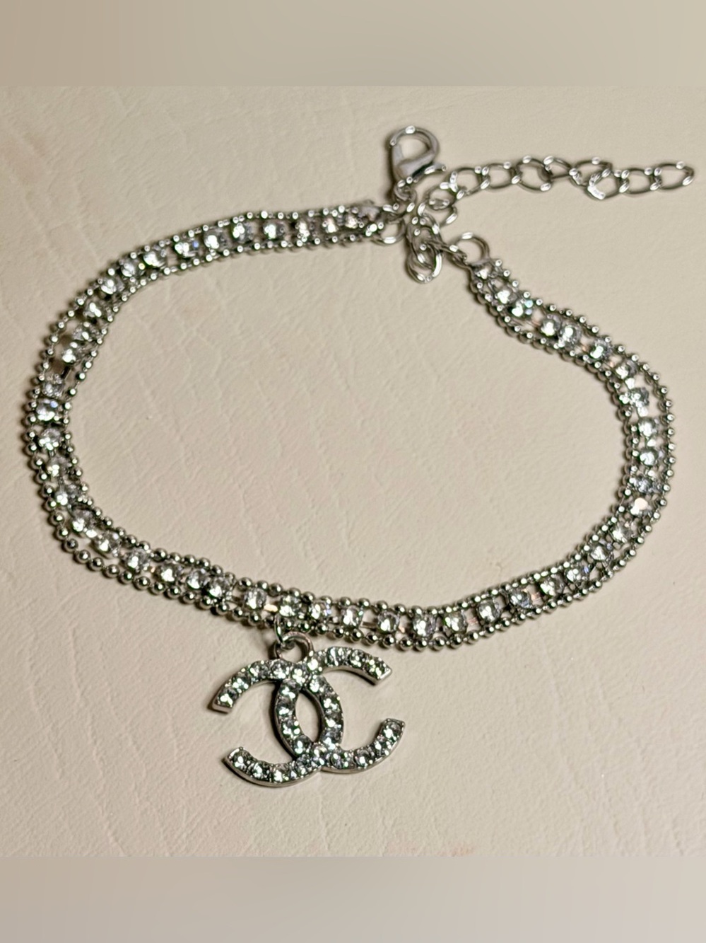 CC Anklet- Crystal Double-Row with Interlocking Charm - Silver